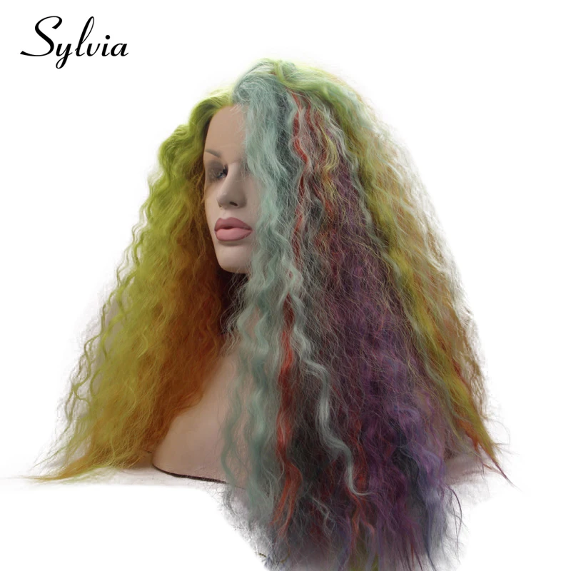 Sylvia Green Red Blue Multi-color Rainbow Curly Synthetic Lace Front Wigs Middle Part Long Heat Resistant Fiber Hair For Women