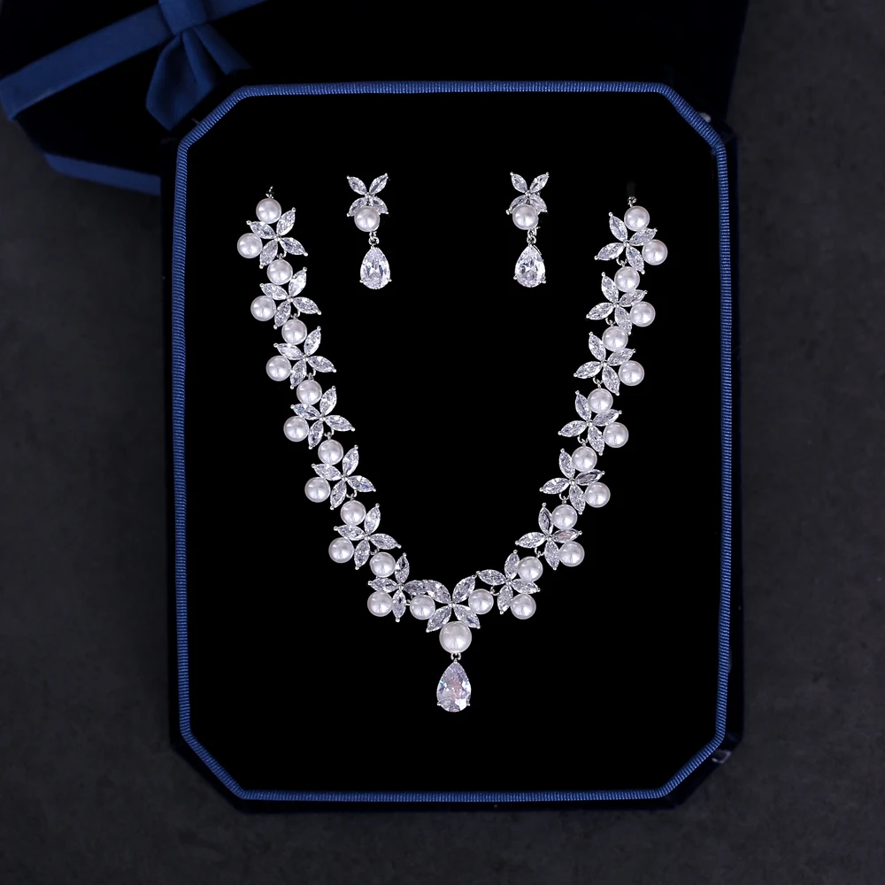 

Trendy Wedding Bridal Jewelry Set Cubic Zirconia Necklace Marquise Cut Zircon Flower Choker Simulated Pearl Earrings Jewellery