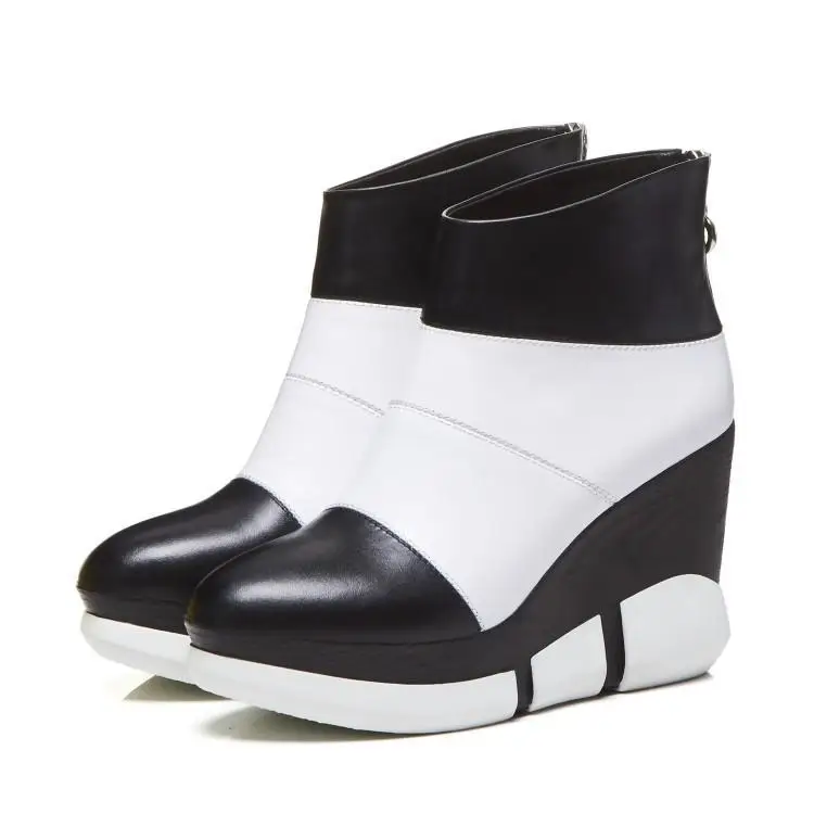 

Mixed Color Black White Leather Boots Women Round Toe High Wedges Heel Ladies Booties Back Zipper Winter Shoes Woman Botas Girl