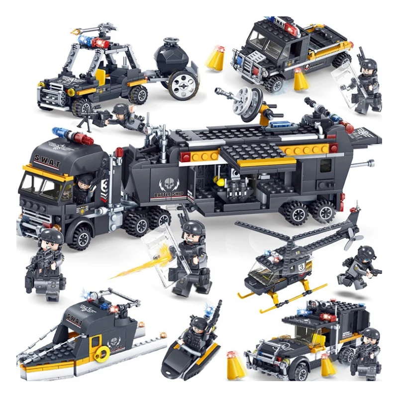 8pcs/lot LegoINGs SWAT City Police Truck Building Blocks Sets Ship Helicopter Vehicle Creator Bricks Playmobil Toys for Children 8pcs/lot LegoINGs SWAT City Police Truck Building Blocks Sets Ship Helicopter Vehicle Creator Bricks Playmobil Toys for Children