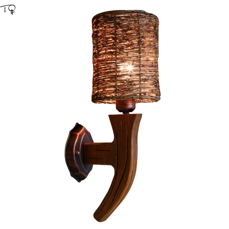 

Southeast Asia Wall Lamp Led Rattan Hand Knitting American Retro Solid Wood Art Creative Aisle Teahouse Living Room Bedroom Bar