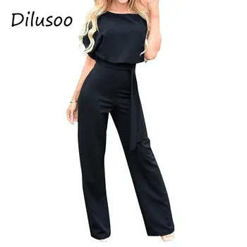 

Dilusoo Office Lady Jumpsuits Women Solid Short Sleeve O-neck Casual Rompers Female 2019 Bandage Backless Straight Jumpsuit