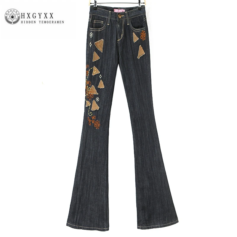 

2019 Spring European New Fashion Jean embroidery jeans low waist was thin wild micro bell pants Women Long pants C064