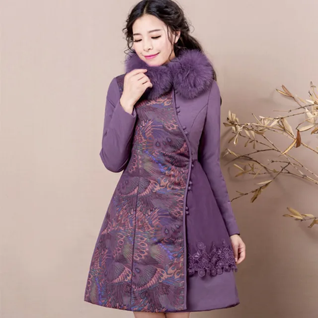 Cheap BOHOCHIC Original Ethnic Vintage Print Stand Collar With Fur Full Sleeves Women Coat Winter Parka Lace YH0156D Boho Chic