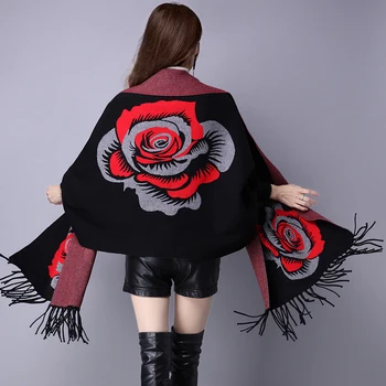 

Women Scarf Winter Women Scarves Long Wrap Shawl Thick Warm Cashmere Wool Flower Poncho Solid Women's Scarf Cape with Sleeves