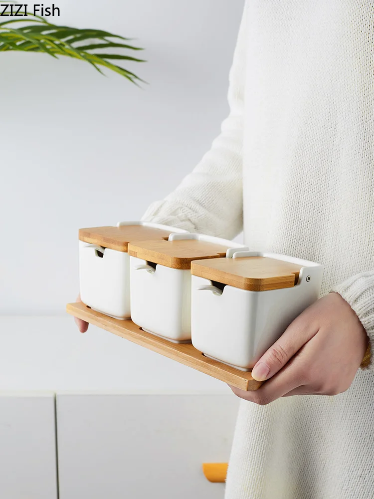 Набор керамических банок для специй, набор из 3 предметов, японский стиль, кухонный инструмент для хранения приправ с крышкой, кухонные аксессуары