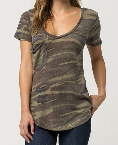 

Women Camo Print Heavy Stone Washed Pocket T Shirt USA Size XS-XL (Thin and Soft)
