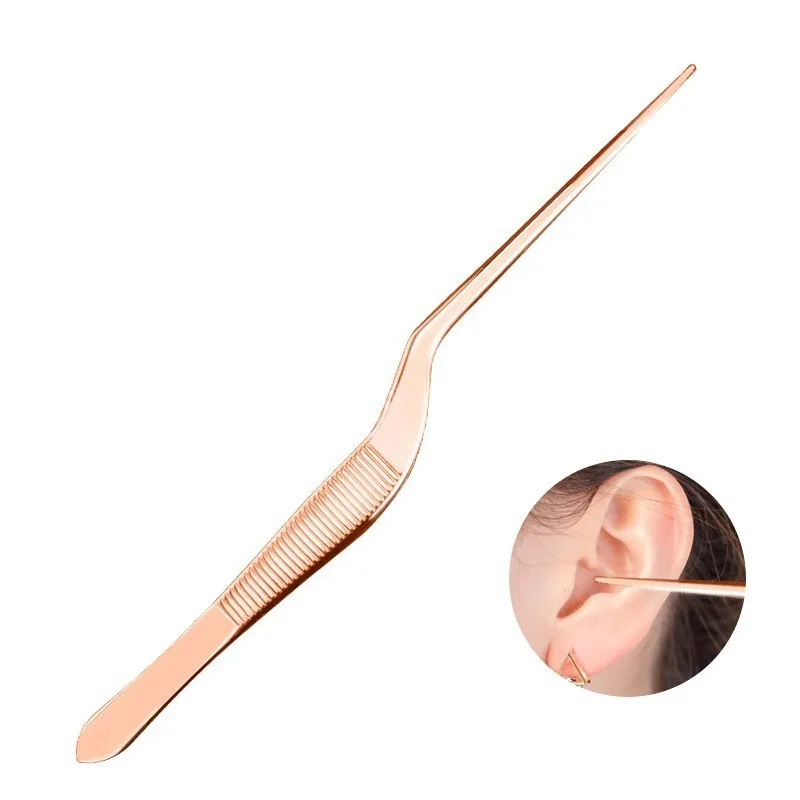 

1 PC Curved Ear Tweezer Stainless Slant Point Flat Tip Nail Cleaning Remover Wax Tools