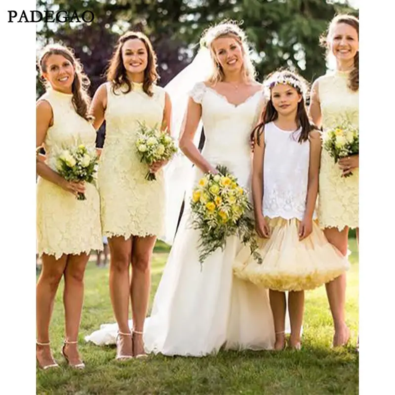Новое желтое платье подружки невесты в стиле русалки с высокой горловиной без рукавов Кружева Короткие Формальные Свадебные гостей