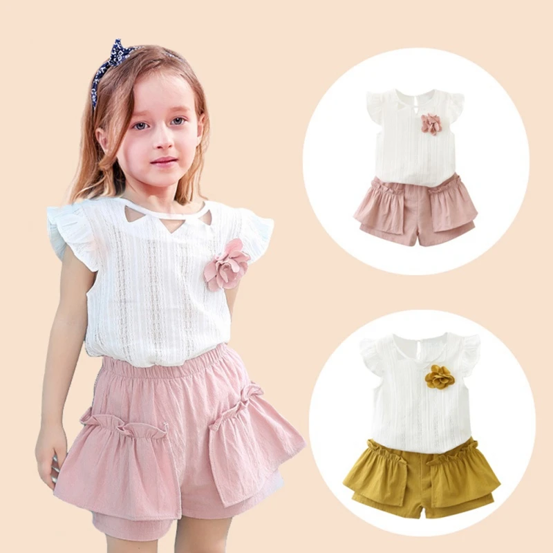 

Summer Baby Girls Clothes Cute Flare Sleeve Solid Print T-shirt Tops+Shorts Suits 2pcs Kids Clothes Set