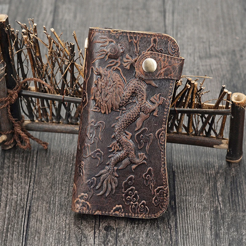 

MAHEU High Fashion Genuine Leather Men's 3D Dargon Embossing Long Wallet Iron Key Chain Christmas Gift Wallet Gift For Boyfriend