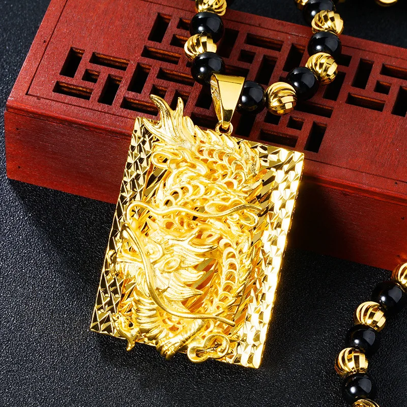 Подарки, тщательно вырезанный китайский желтый 24 К золотой дракон, черный обсидиан, ожерелье, кулон, мужские ювелирные изделия - Окраска металла: XJ2495-pendant