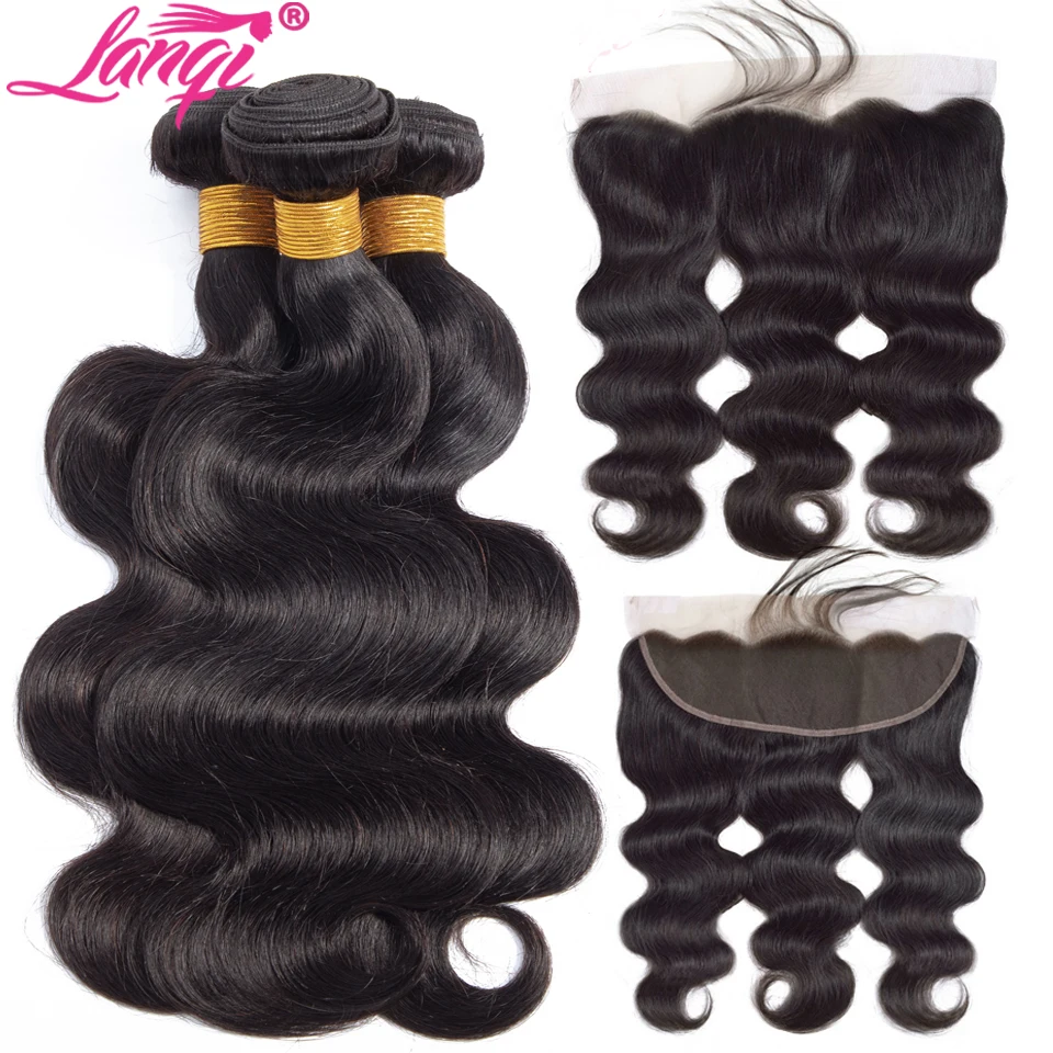 

lanqi body wave bundles with frontal Brazilian human hair weave bundles with lace frontal Peruvian hair bundles with closure