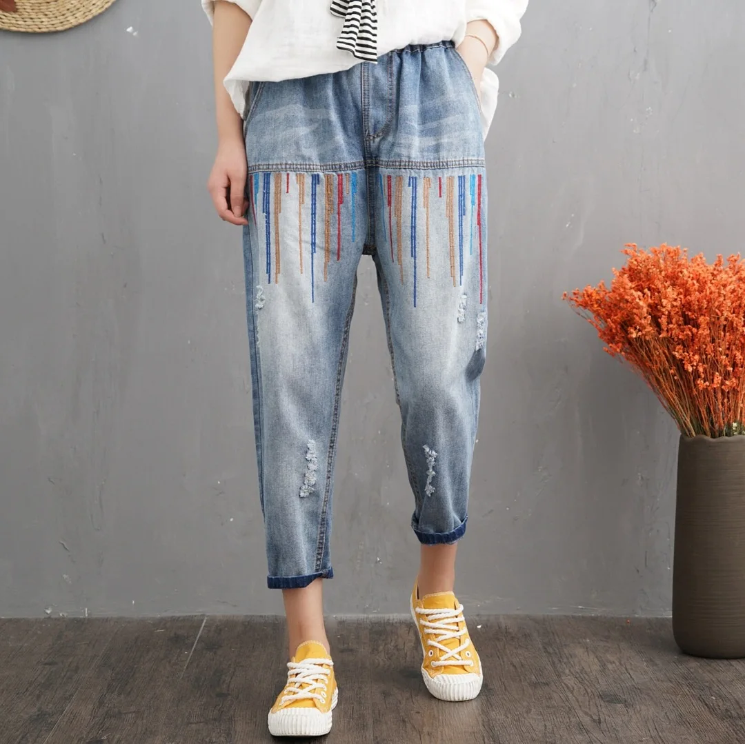 

Women Summer Patchwork Printed Scratched Denim Pants Jeans Ladies Holes Ripped Bleached Elastic Waist Jeans Female Calf length