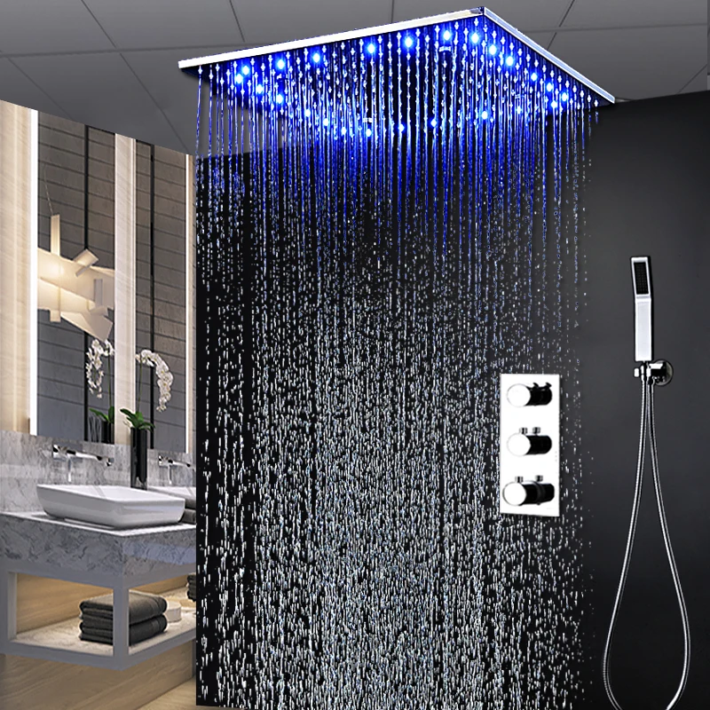 Chrome Wall/Ceiling Square 20"LED Bathroom Rainfall Shower Head Mixer Faucet Tap 