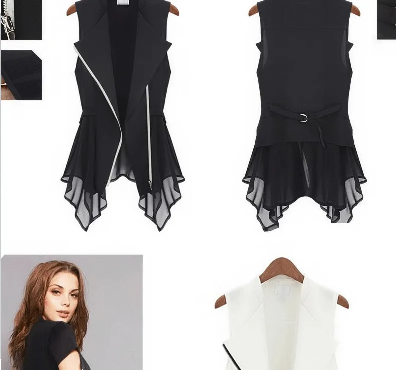 0725 летний Черный Асимметричный шифоновый жилет для женщин жилетка без рукавов куртка размера плюс короткий женский жилет на молнии