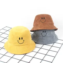 Кепка со смайликом с вышивкой, вельветовое ведро, детские шапки от 2 до 6 лет, летняя желтая корейская шляпа-ведро для маленьких девочек