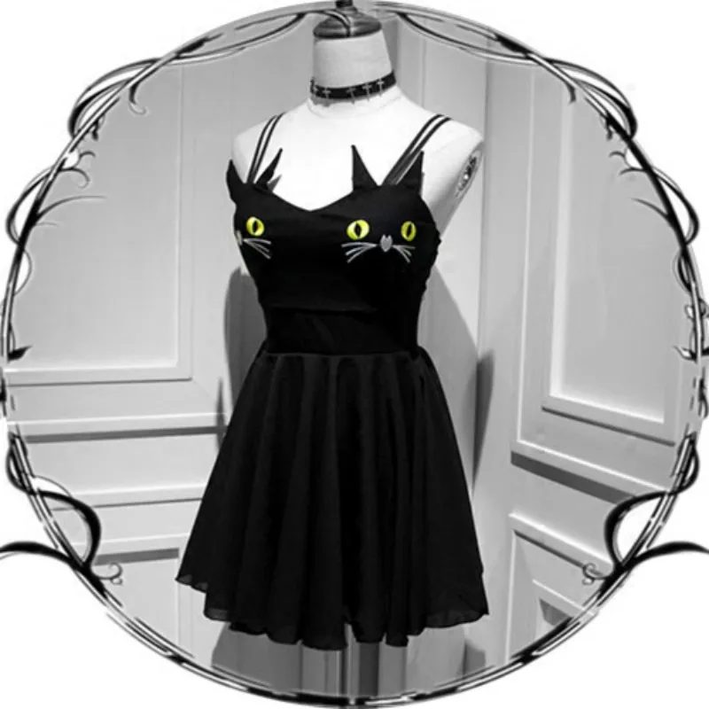 

Women Cat Face Dress Pleated Mini Short V Neck Black Strap Embroidery Strap Spaghetti Punk Dark Goth Gothic New Japanese Summer