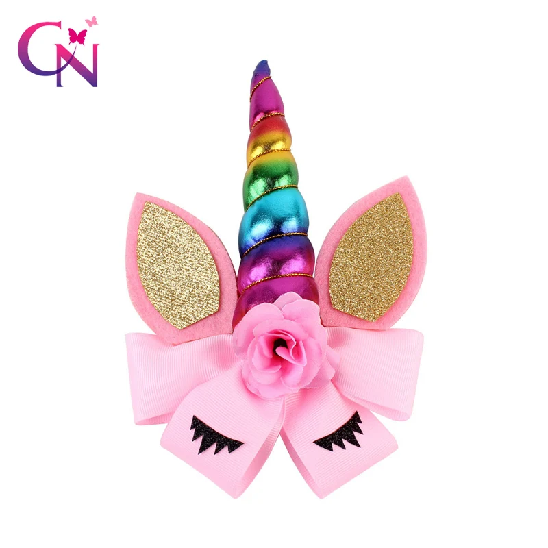 

8" Rainbow Unicorn Horn Hair Bow With Clip For Girls Kids Handmade Glitter Cat Ear Bow Hairgrips Unicorn Party Hair Accessories