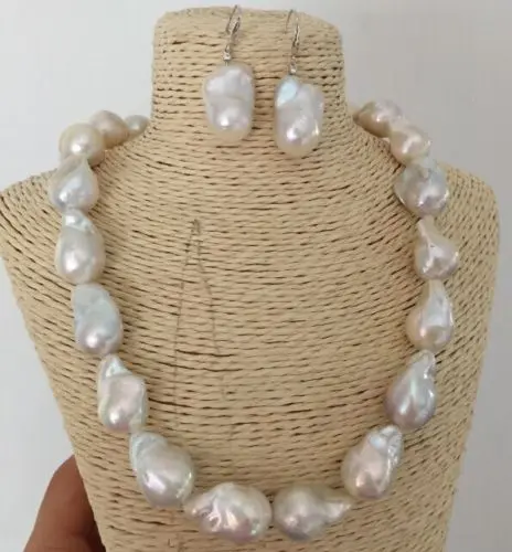 

Free Shipping >>>>>huge set of 20-25mm south sea white boque pearl necklace &earring 925silver
