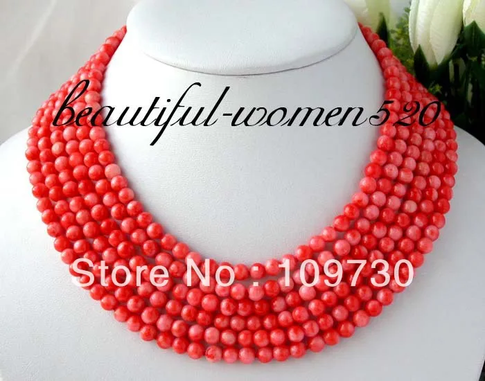 

Jewelry 0011908 6strands 6mm pink round coral necklace 925silver clasp