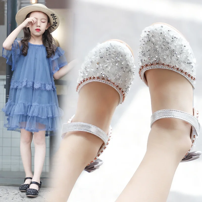 

Girls Sandals New Shining Rhinestone Soft Sole Elegant Dnacing Shoes Princess Party Leather shoes Children Bow Sandal