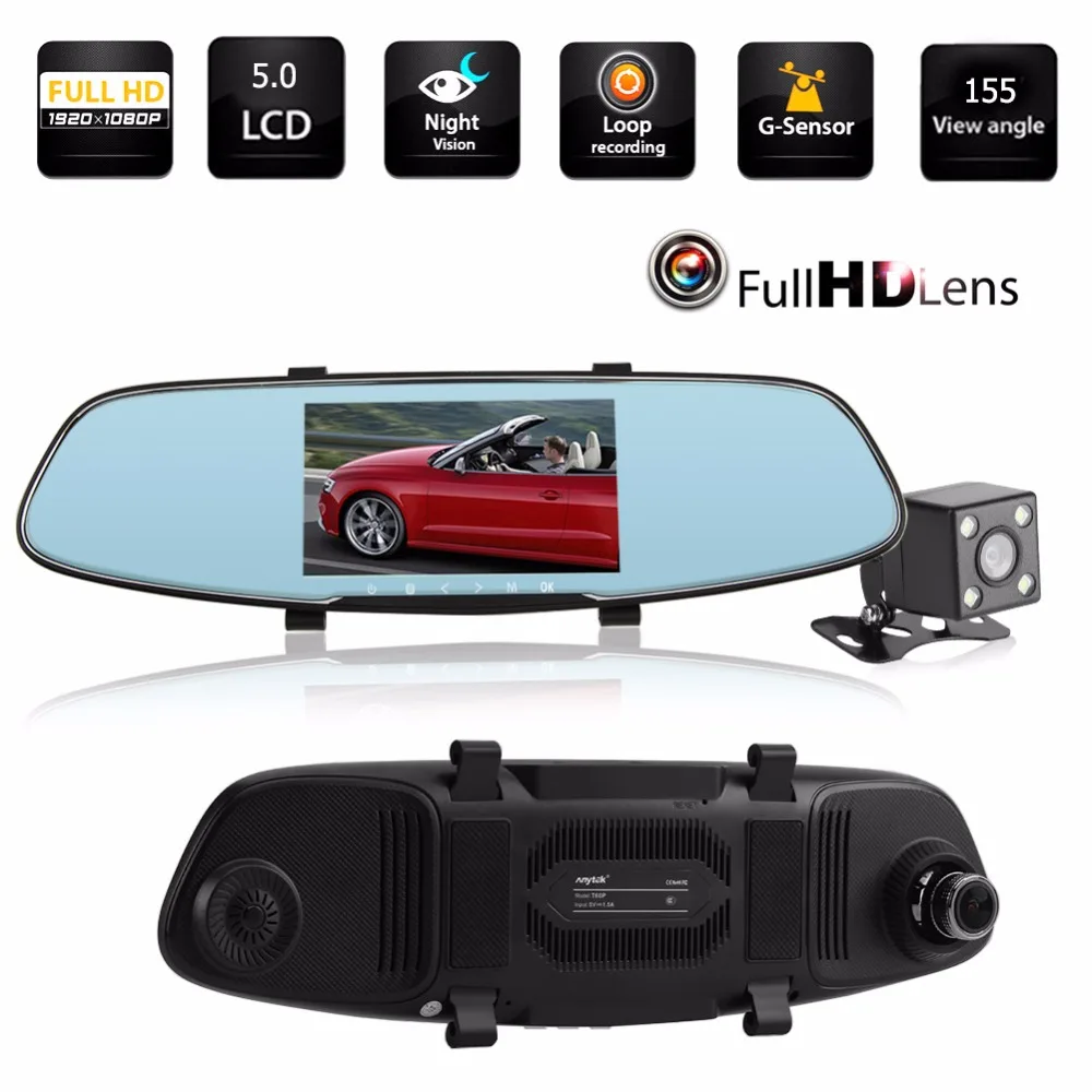 

Anytek T60P Car DVR Dual Lens Car Camera Full HD 1080P Night Vision Video Recorder Rearview Mirror With Rear view Dash Cam