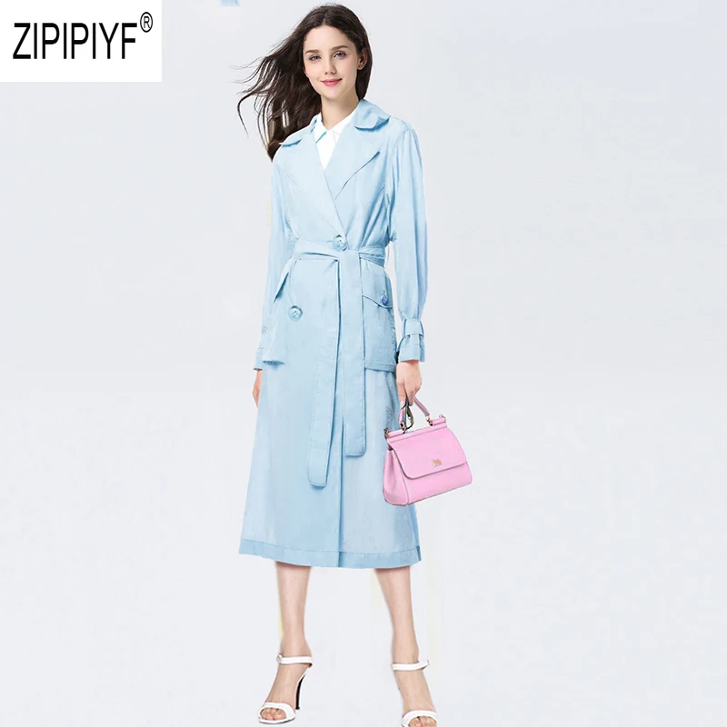 

Elegant Fashion Women Trench Solid Color Bow Bandage Design Pockets Long Sleeve Chiffon Trenches Sunproof Long Trenches Z1597