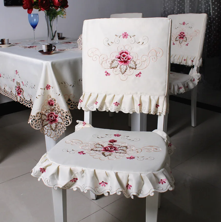 Satin Fabric Pastoral Dining Chair Cover, Embroidered Floral Chair