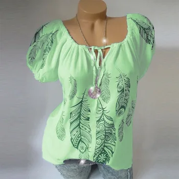 

Plus Size 5XL Women Blouse Top Short Sleeve Lace Up Print Green Blouse Female 2020 Summer NEW Fashion Casual Womens Tops