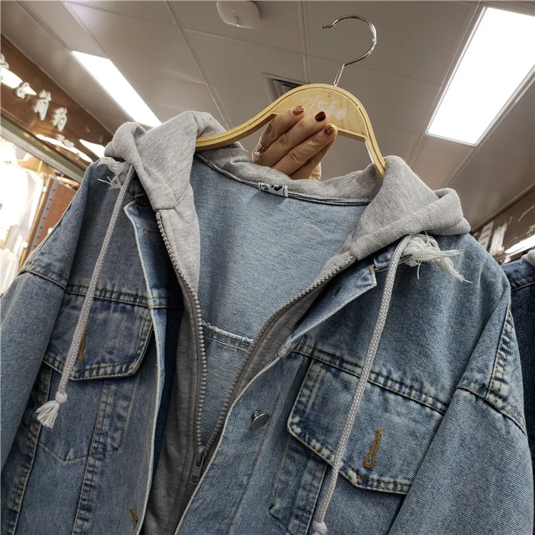 Étrange Blue Cowboy Capuchon De Veste Utfits Faux Étudiant Femme Printemps Twopieces Lâche light Fille Nouvelle Hauts Denim Manteau Bleu Sweatshirt À qR0tt