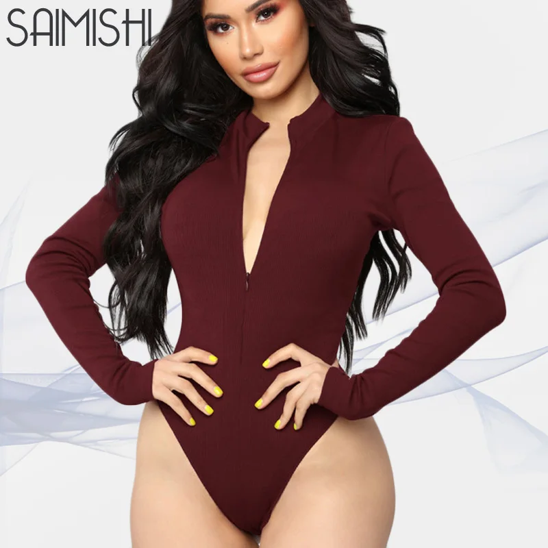 Saimishi/осенне зимние однотонные обтягивающие боди для женщин с длинным рукавом на