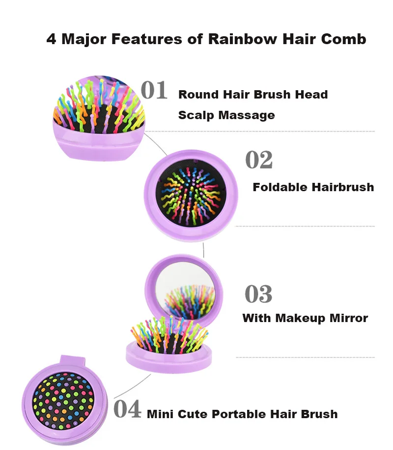 1pc Portable Folding Rainbow Hairbrush For Tangle Hair Brush Scalp Massage Airbag Hair Comb With Makeup Mirror Styling Tools ionic hairbrush 01