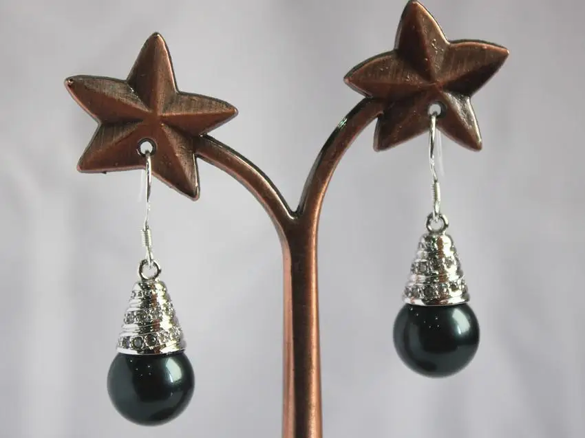

elegant Silver Plated 12mm black shell pearl bead hook earring 004