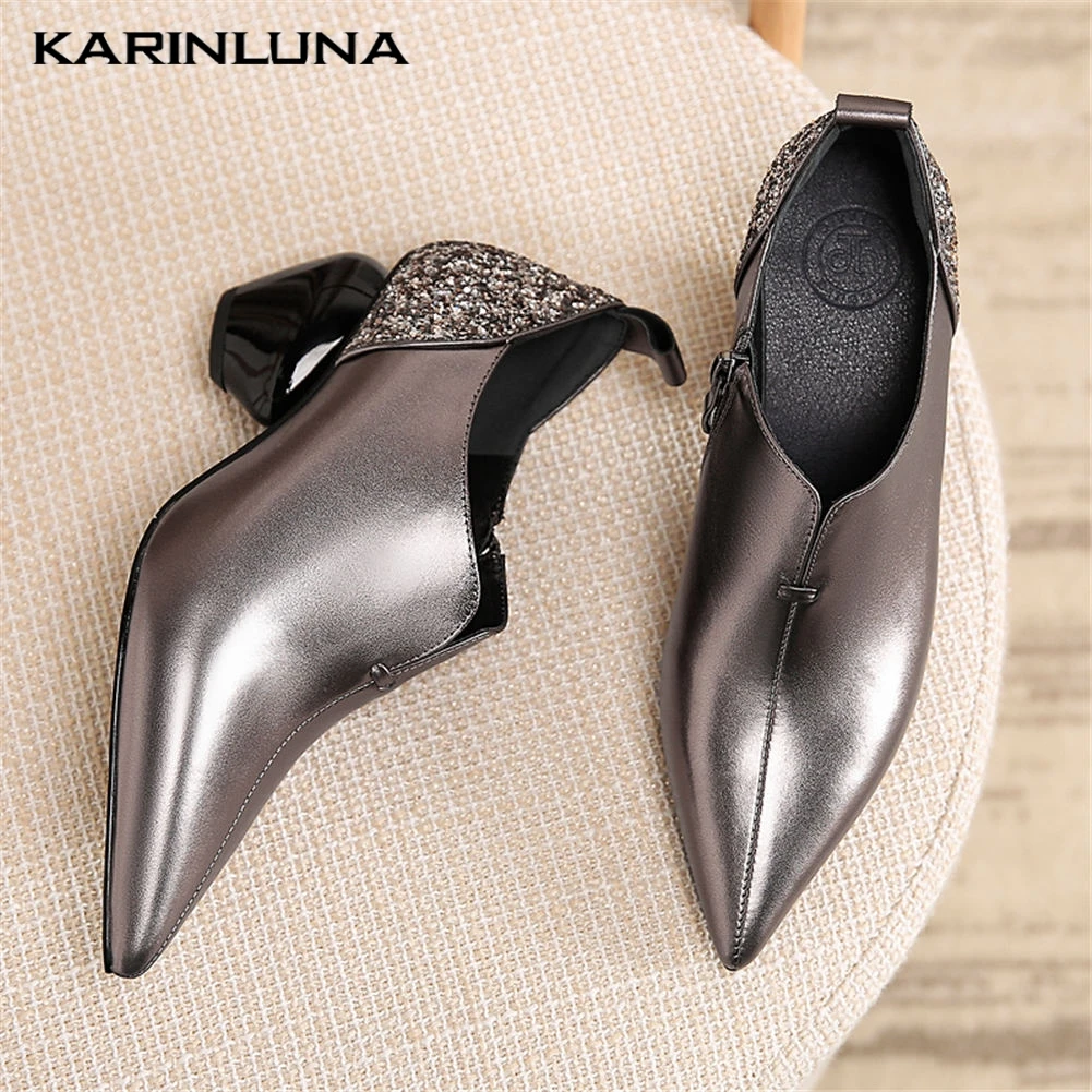 

big size 42 genuine leather classics pumps woman shoes pointed toe elegant sexy strange chunky heels office lady shoes woman