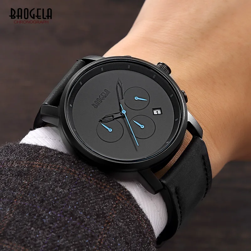 Price BAOGELA Men s Minimalism Simple Quartz Wrist Watches Chronograph Leather Stop Watch 24 Hours Clock Relogios Masculino 1705Black