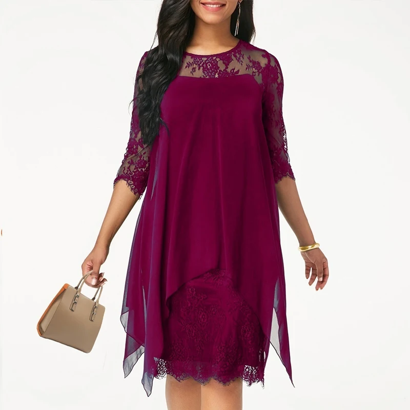 Женское модное кружевное платье элегантное одноцветное платье с рукавом три четверти размера плюс S-5XL - Цвет: Fuchsia