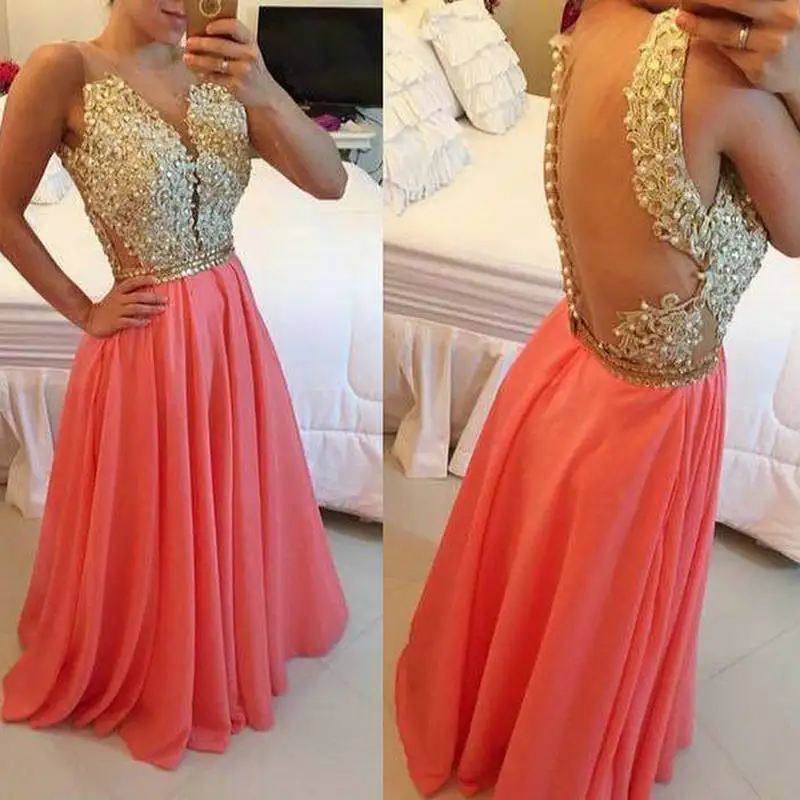 

Water Melon Evening Dress Lace Gold vestidos de fiesta largos 2015 Dress Party Evening Elegant