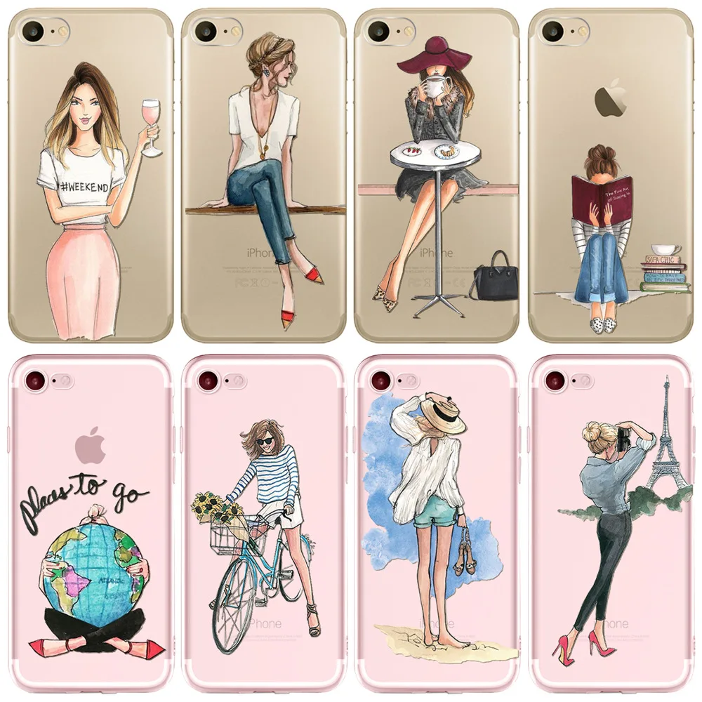 

2016 Sexy Beautiful Girl drink Phone Case For Apple iPhone 7 6 6s 5 5S SE 6Plus 6sPlus Transparent Soft Silicon Shell Celular