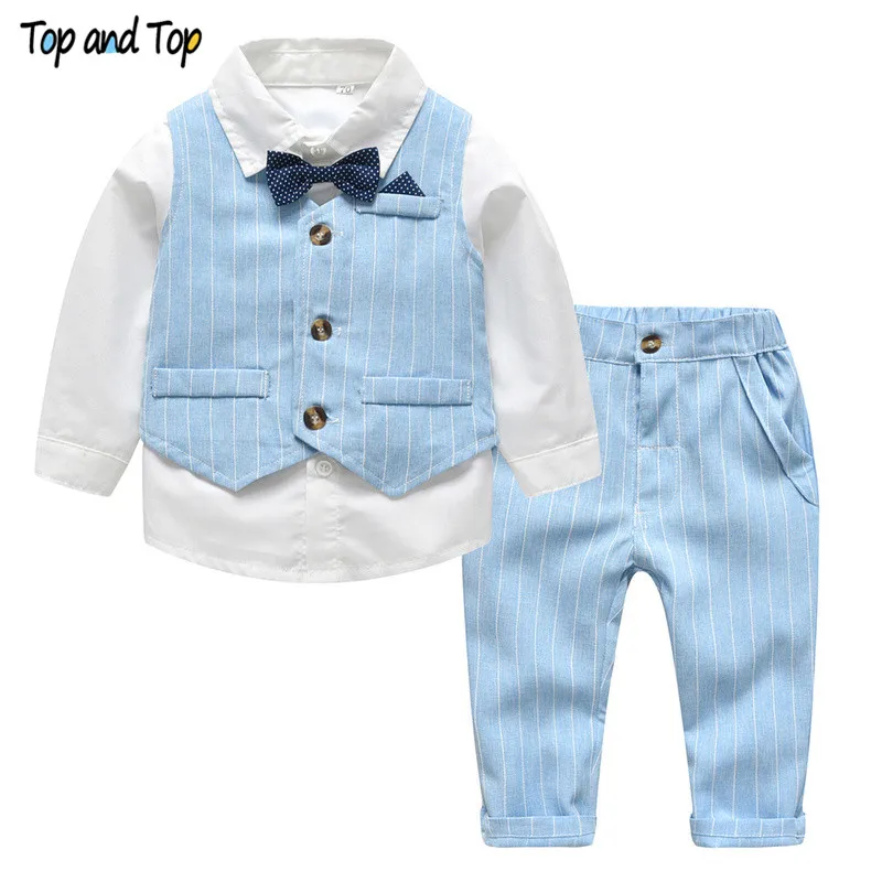 Топ и топ, весенне-осенний костюм джентльмена для маленьких мальчиков, белая рубашка с галстуком-бабочкой+ полосатый жилет+ брюки, комплект деловой детской одежды из 3 предметов