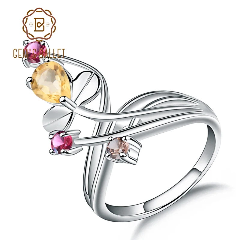 

GEM'S BALLET 925 Sterling Silver Women's Gemstone Ring Natural Citrine Garnet Smoky Quartz Rings Classic Engagement Fine Jewelry