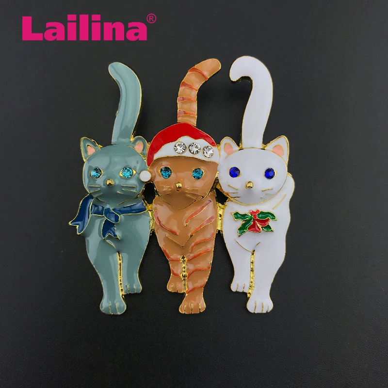 

50pcs/ lot 50mm Rhinestone Christmas Pin Lovely Enamel Triple Cat Brooch For Christmas Gift