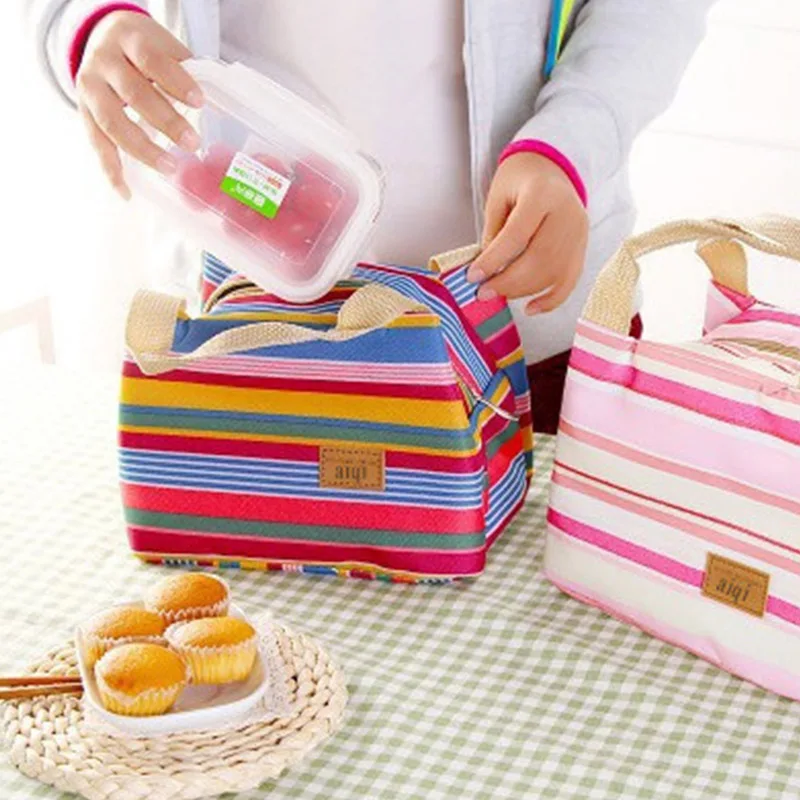 Women Portable Square Lunch Bag Canvas Stripe Insulated Cooler Bags