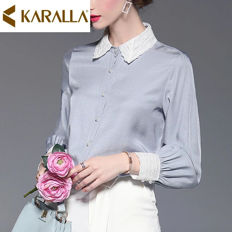 Elegant Blue-gray Lace Patchwork Pure Color Ladies Blouse Long-sleeved Temperament Women Chiffon C605 | Женская одежда