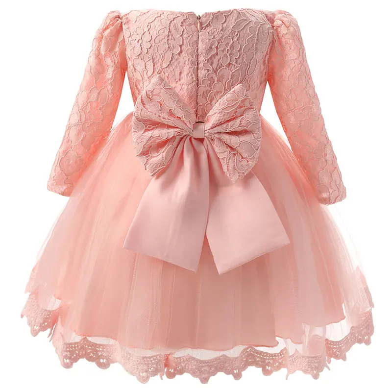 Платье для маленьких девочек; кружевное платье розового и белого цвета с цветочным узором для младенцев; вечерние платья для крещения, первого дня рождения, 1 года; одежда для маленьких девочек - Цвет: long sleeve back bow