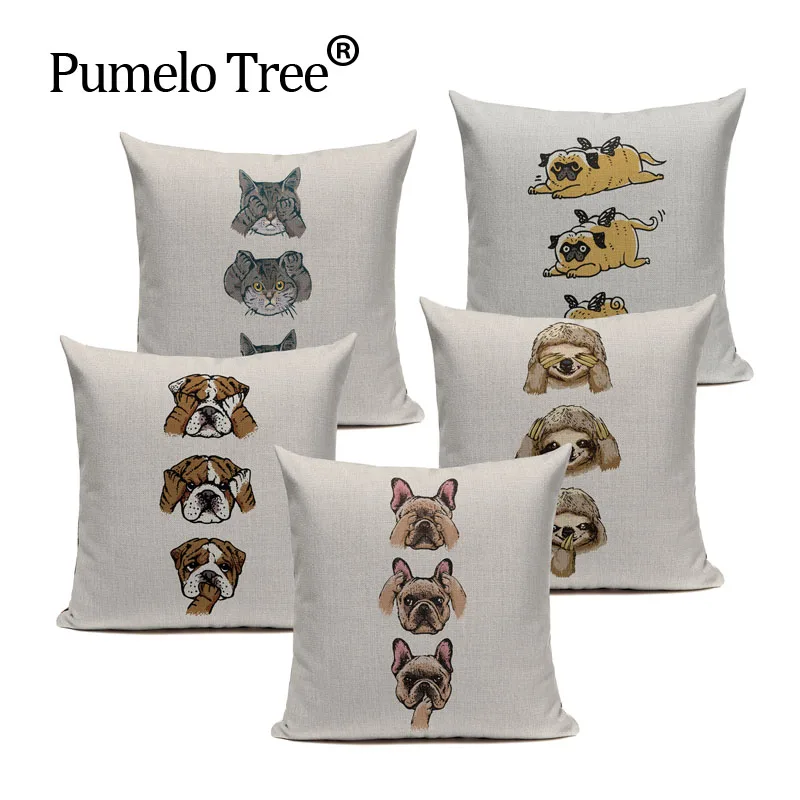 

Pug Dog Hot Selling Cat Sloth People Starling Dog Fashion Pillow Cover Lovely Cushion Cover Sofa Decoratove Pillow Case Custom