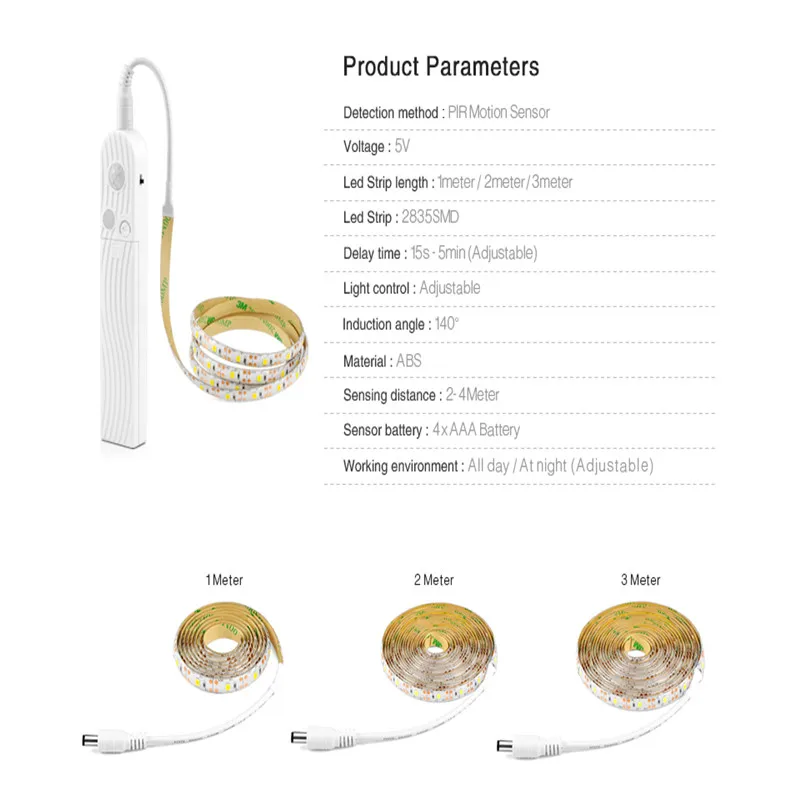  1M 2M 3M LED Bed Closet Night light Wireless PIR Motion Sensor AAA Battery Power Flexiable Lamp 5V 