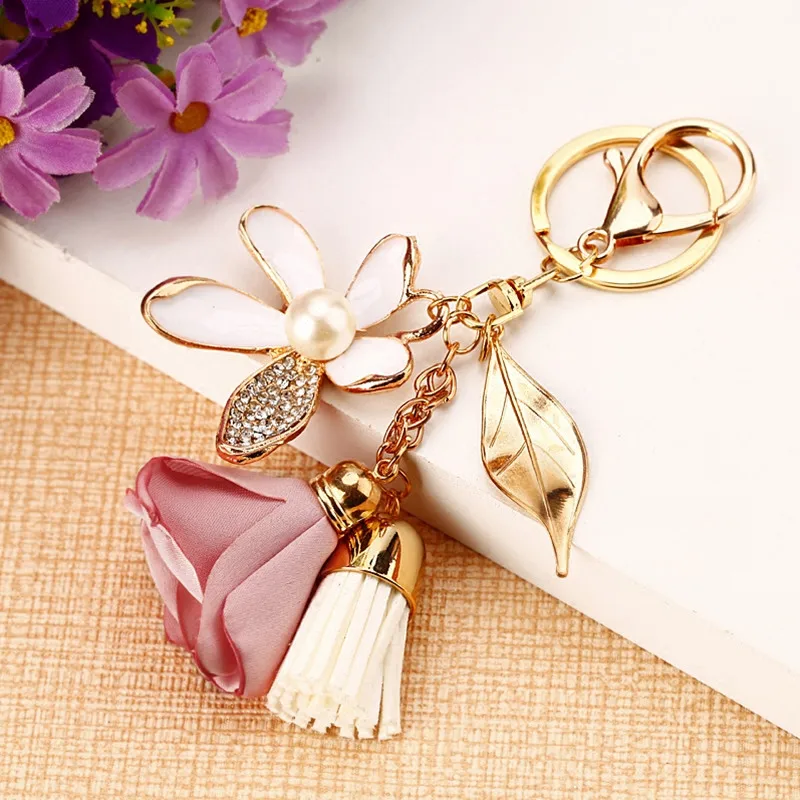 Необычные и фантазийные Цветочные брелки для ключей, шифоновые брелки с кисточками для автомобиля, Дамская пара сумок, украшения, креативный модный шарм-цветок, брелок для ключей