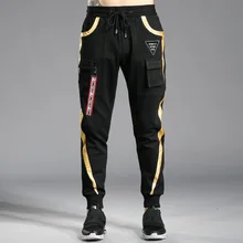 Осенне-зимние мужские брюки-карго с карманом и полосками, хлопковые повседневные обтягивающие штаны для фитнеса, мужские шаровары, черные брюки в стиле панк