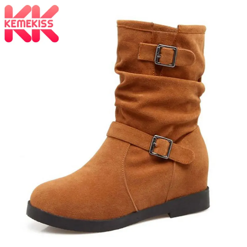 

KemeKiss Size 34-43 Women Half Short Boots Metal Buckle Wedges Boots Inside Heel Warm Shoes Women Mid Calf Botas Women Footwears
